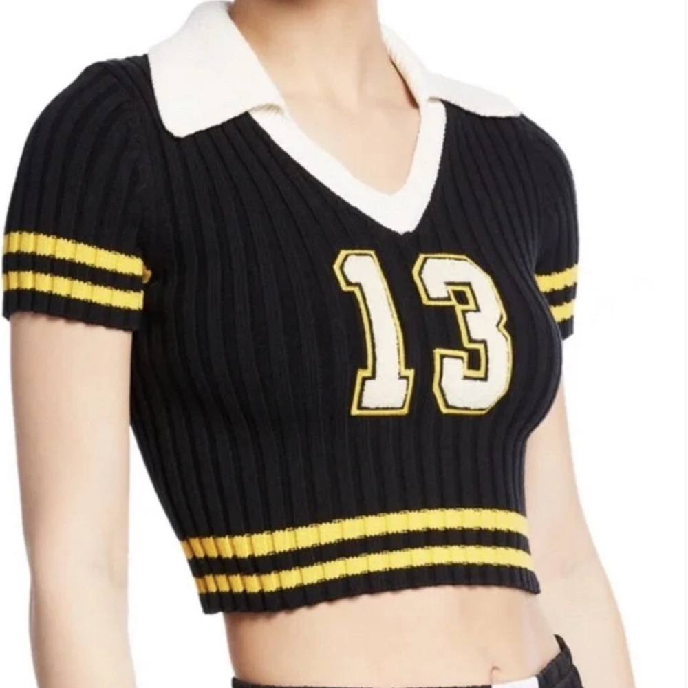 FENTY X PUMA BY RIHANNA Sz XS Navy Blue Yellow JOHNNY COLLAR‎ CROP SWEATER TOP